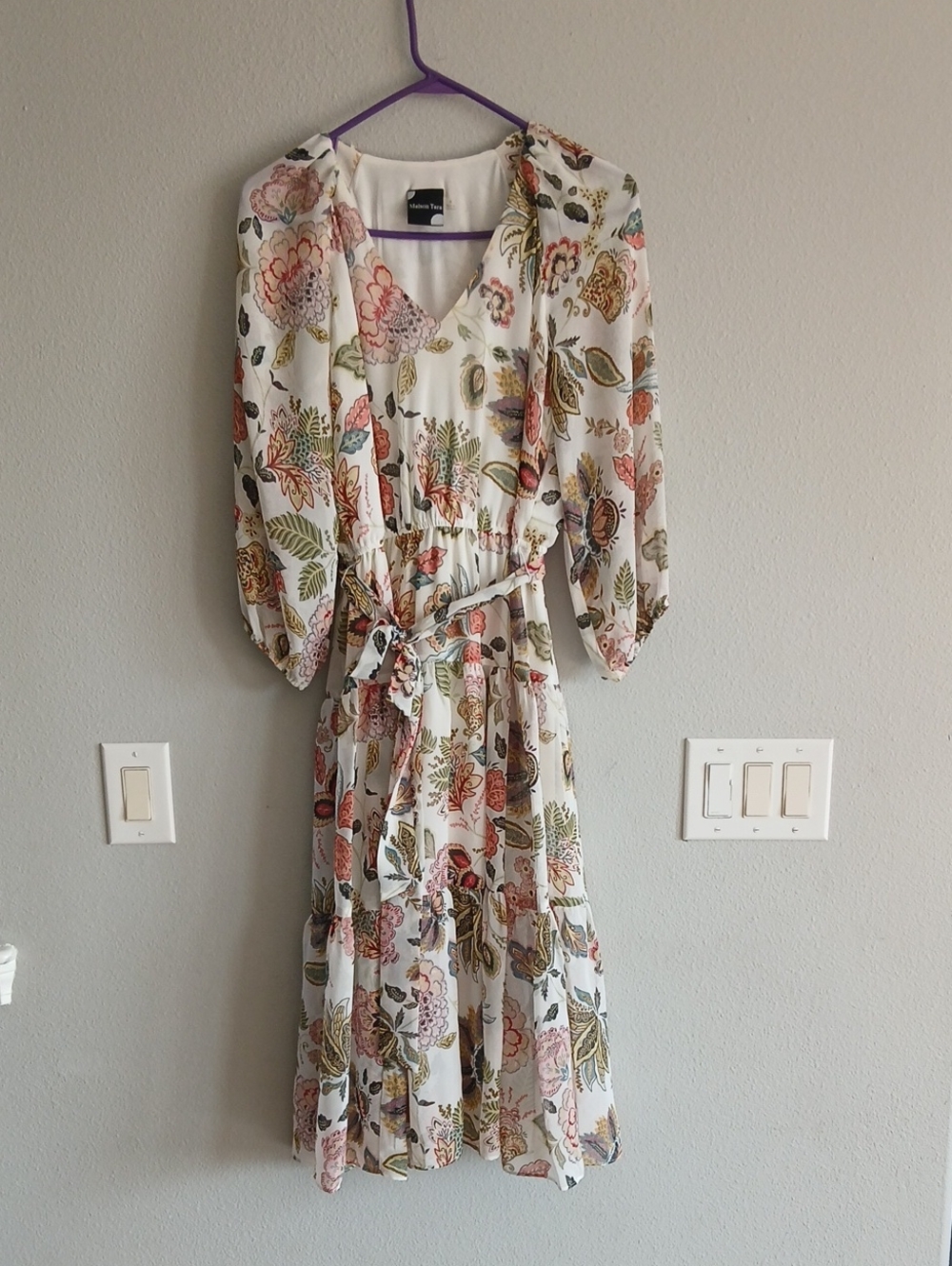Maison Tara 6 Floral V-Neck Tiered Maxi Dress in Cream with Multi-Color Print